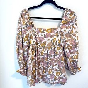 Peasant style gold and purple floral blouse